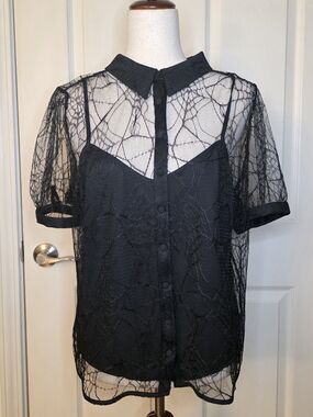 Gothic Modcloth Black Spiderweb Lace Peter Pan Collared Button Down Blouse